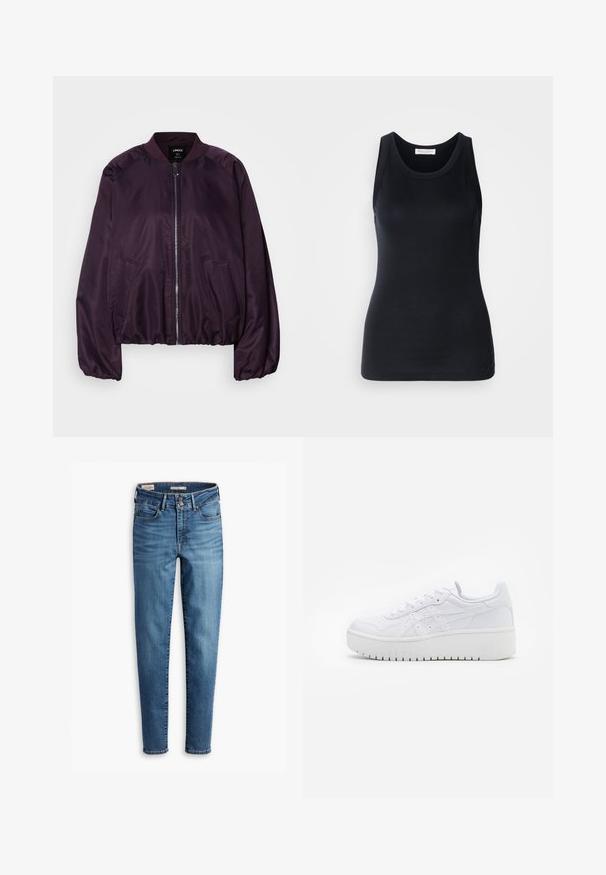 Purple bomber jacket with a smooth, shiny texture. Features a front zipper, ribbed collar, and side pockets. Relaxed fit, gathered cuffs.; Black tank top made from soft, stretchy fabric. Features a round neckline and wide shoulder straps, with a fitted silhouette and smooth texture.; High-waisted, skinny jeans in light blue denim. Features five pockets, front button closure, and classic stitching detail throughout.; White platform sneakers with a smooth leather texture, perforated detailing, and flat laces; features a thick white rubber sole.