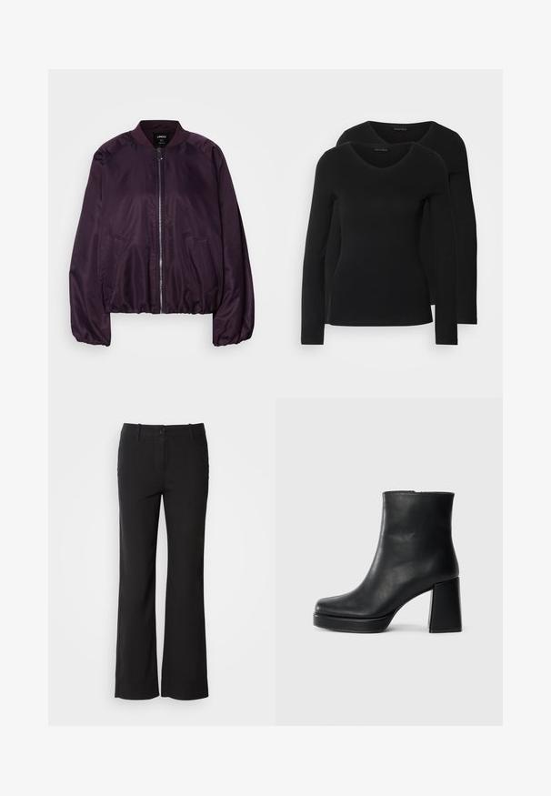 Violetti pommitakki, jossa on sileä ja kiiltävä pinta. Varustettu edessä vetoketjulla, ribbatulla kauluksella ja sivutaskuilla. Rennon mittainen, kootut hihansuut.; Kaksi mustaa pitkähihaista paitaa V-aukkolla, valmistettu pehmeästä ja joustavasta kankaasta, joka osoittaa sileää tekstuuria ja istuvaa muotoa.; Mustat puuvillasekoitetekstiilit, jossa on suora lahje, etunappi kiinnitys ja kaksi sivutaskua. Sileä rakenne, ei näkyviä kuvioita.; Musta nahkasaapas nilkkapituisena, jossa on paksu korko ja alustapohja, nähtynä sivulta yksinkertaisella valkoisella taustalla.