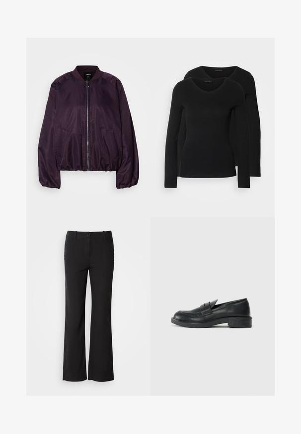 Purple bomber jacket with a smooth, shiny texture. Features a front zipper, ribbed collar, and side pockets. Relaxed fit, gathered cuffs.; Two black long-sleeve shirts with a V-neck design, made of soft, stretchy fabric, showing smooth texture and a fitted shape.; Black cotton blend trousers with a straight-leg design, front button closure, and two side pockets. Smooth texture, no visible patterns.; Black leather loafers with a rounded toe, stitched detailing, and a small heel. Smooth texture and a flexible rubber sole.