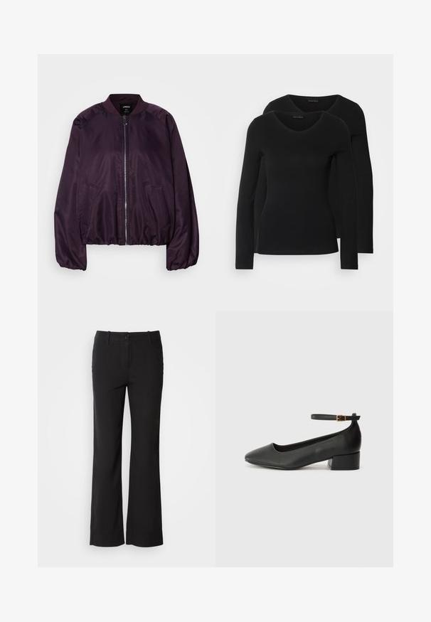 Chaqueta bomber púrpura con una textura suave y brillante. Presenta una cremallera en el frente, cuello acanalado y bolsillos laterales. Corte relajado con puños fruncidos.; Dos camisetas negras de manga larga con diseño de escote en V, confeccionadas en una tela suave y elástica, que muestran una textura lisa y una forma ajustada.; Pantalones de mezcla de algodón negros con un diseño de pierna recta, cierre frontal de botón y dos bolsillos laterales. Textura suave, sin patrones visibles.; Zapato de tacón negro de cuero con punta afilada y tacón bajo cuadrado. Presenta una correa para el tobillo con una hebilla en tono dorado. Textura suave.