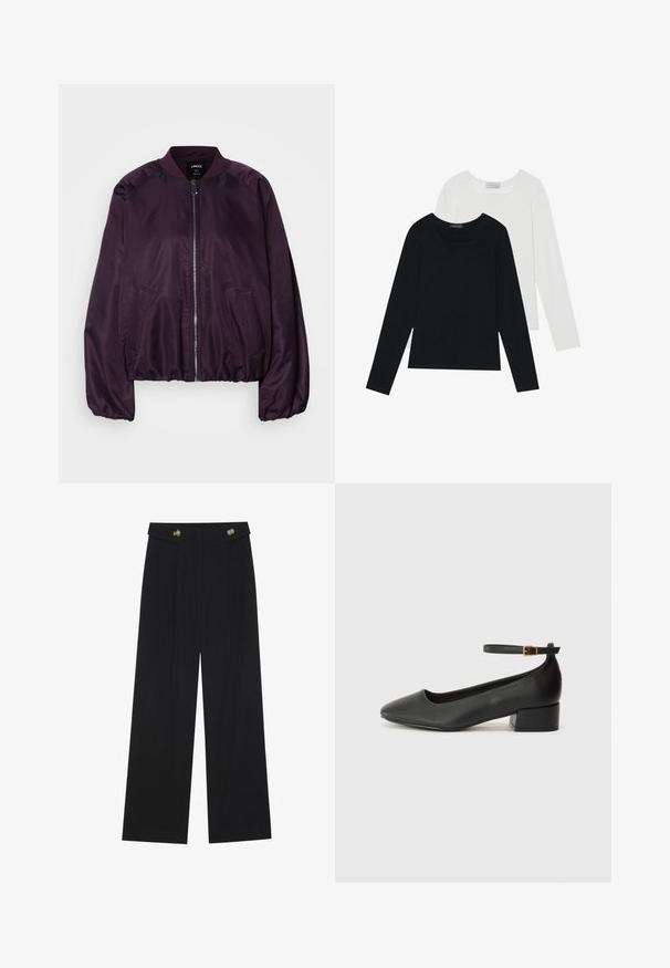 Purple bomber jacket with a smooth, shiny texture. Features a front zipper, ribbed collar, and side pockets. Relaxed fit, gathered cuffs.; Two long-sleeve tops, one black and one white, both featuring a square neckline and made from soft, stretchy fabric.; Black wide-leg trousers with high waist, button details on waistband, and front pleats.; Black leather pump with a pointed toe and a low block heel. Features an ankle strap with a gold-tone buckle. Smooth texture.
