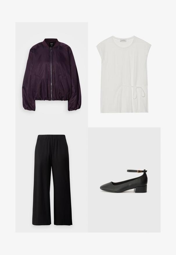 Lilla bomberjakke med en glat, skinnende tekstur. Har en lynlås foran, ribbet krave og sidelommer. Afslappet pasform, samlede manchetter.; Hvid kortærmet top med rund halsudskæring og snoretræk ved taljen, der har en glat og blød tekstur.; Sorte bredbenede bukser lavet af blødt, strækbart stof. Har en elastisk talje og en glat tekstur, velegnet til afslappet brug.; Sorte læderpumper med spids tå og en lav blokhæl. Har en ankelrem med en guldfarvet spænde. Glat tekstur.