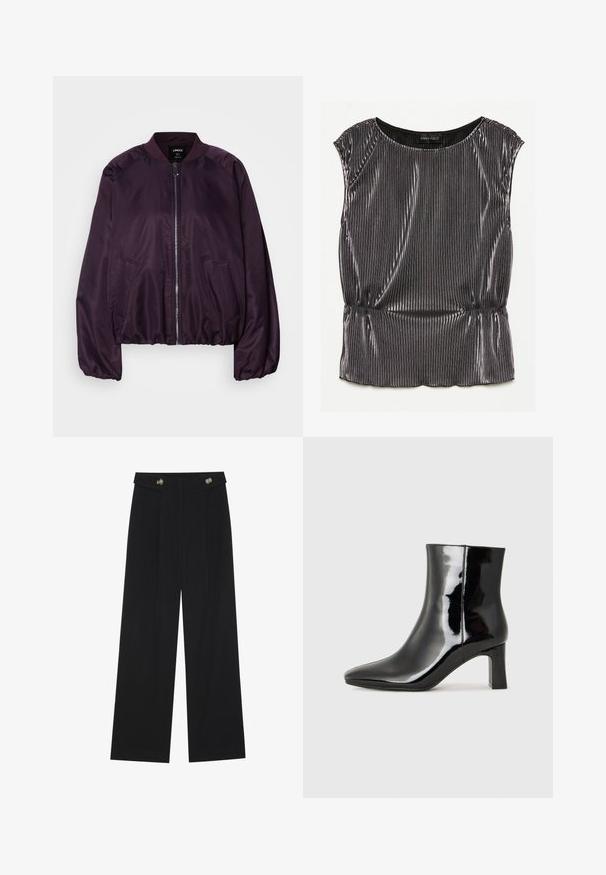 Jaqueta bomber roxa com uma textura lisa e brilhante. Apresenta um fecho frontal, colarinho canelado e bolsos laterais. Ajuste descontraído, punhos franzidos.; Top sem mangas preto metálico com um design plisado, decote arredondado e bainha franzida. Etiqueta da marca "ANNA FIELD" visível no interior.; Calças largas pretas com cintura alta, detalhes em botão na cintura e pregas frontais.; Botim de tornozelo em pele sintética preta com bico apontado e salto bloco de altura média. Textura suave e design minimalista.