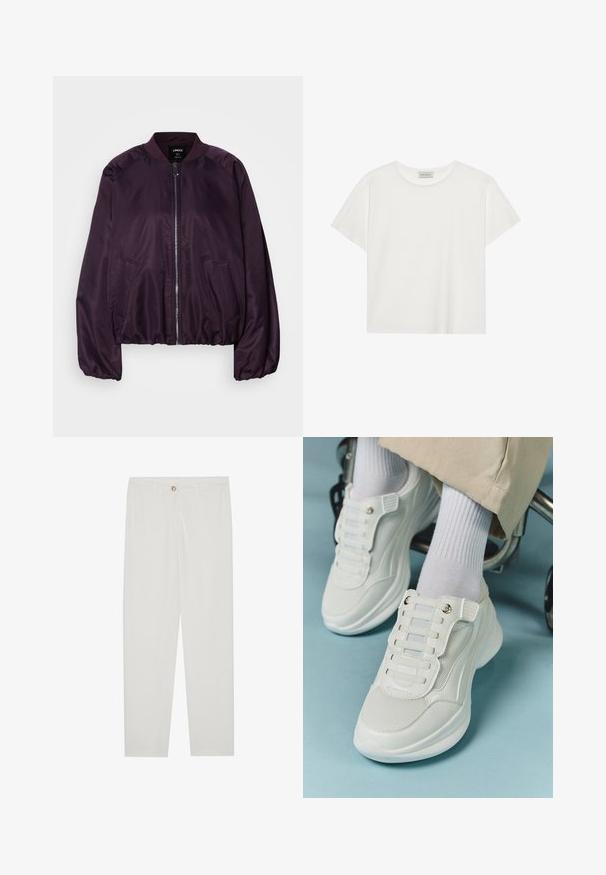 Veste bomber violet avec une texture lisse et brillante. Comprend une fermeture éclair à l'avant, un col côtelé et des poches latérales. Coupe décontractée, poignets froncés.; T-shirt blanc à manches courtes en coton doux. Présente un col rond et une coupe décontractée. Design épuré sans motifs ni accents visibles.; Pantalon blanc sur mesure avec une coupe droite, doté d'une fermeture à bouton, de passants de ceinture et de poches latérales ; texture de tissu lisse.; Baskets blanches avec un matériau en maille, semelle en caoutchouc, design sans lacets avec des bandes élastiques et accents dorés.