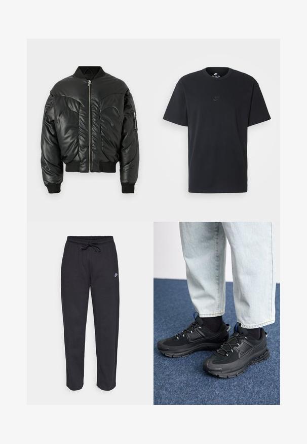 Veste bomber noire rembourrée avec un col haut, fermeture zippée, poignets côtelés et poches latérales, présentant une texture en cuir lisse et des détails de coutures courbes.; T-shirt en coton noir Nike avec un col rond classique, des manches courtes et un logo embossé subtil sur la poitrine. Texture lisse.; Pantalons de survêtement noirs en tissu doux, avec une taille élastique, un cordon de serrage et un petit logo Nike sur la cuisse gauche.; Des chaussures de sport noires avec un tissu texturé et des semelles en caoutchouc, dotées de lacets élastiques et d'un accent bleu au talon. Portées avec un pantalon en denim clair.