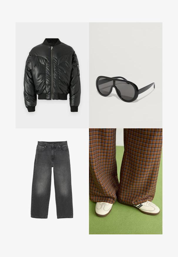 Črna podložena bomber jakna z visokim ovratnikom, zadrgo, rebrastimi rokavi in stransko žepom, z gladkim usnjenim videzom in ukrivljenimi šivi.; Črna bombažna majica s kratkimi rokavi, ki na prsih prikazuje majhen grafični motiv metulja v rumenem plamenskem vzorcu. Okrogla izrezana vratna linija.; Črne široke kavbojke iz jeansa z nežnimi navpičnimi črtami, obliko s petimi žepi in s sprednjim zapenjanjem na gumbe. Starana tekstura blizu žepov.; Rjave in modre kariraste hlače širokih nogavic, v kombinaciji z belimi čevlji, ki imajo črne poudarke in teksturirane podplate, na zeleni podlagi.; Črne oversize sončna očala z gladkim plastičnim okvirjem, temnimi lečami in širokimi žaluzijami, ki imajo ovijajočo zasnovo za popolno zaščito.