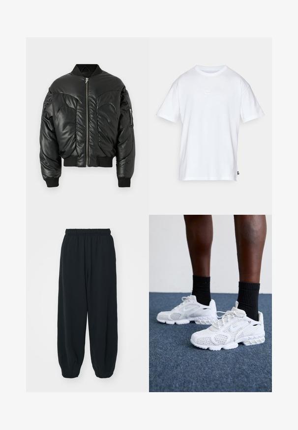 Black padded bomber jacket with a high collar, zip closure, ribbed cuffs, and side pocket, featuring a smooth leather texture and curved seam detailing.; White cotton t-shirt with short sleeves and a round neck. Features a small, subtle Nike logo on the chest and a side label.; Black, elasticated-waist sweatpants with a loose fit, cuffed ankles, smooth texture, and no visible patterns or hardware accents.; White athletic shoes with mesh upper, textured accents, and cushioned sole. Paired with black ribbed ankle socks on a blue carpeted surface.