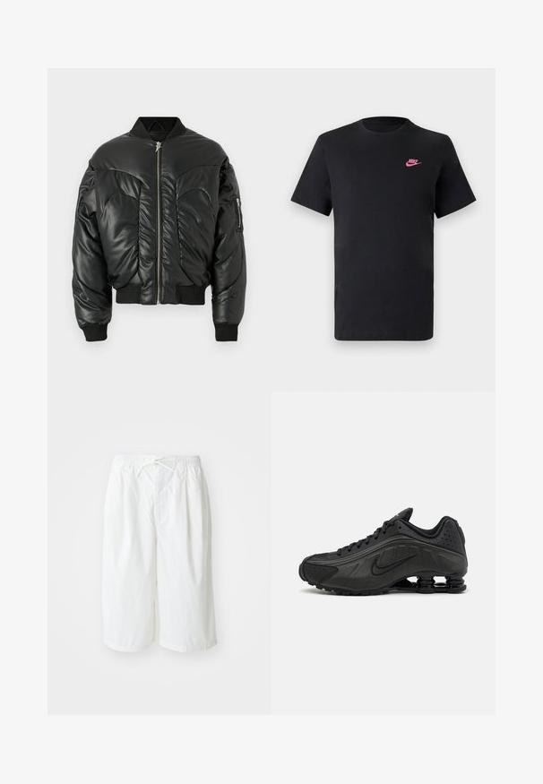 Casaco bomber acolchoado preto com colarinho alto, fecho de correr, punhos canelados e bolso lateral, apresentando uma textura de pele suave e detalhamento de costura curva.; T-shirt de algodão preto com decote redondo e mangas curtas. Apresenta um logótipo da Nike rosa no lado superior esquerdo. Textura suave.; Calções brancos com cintura elástica e cordão, apresentados sobre um fundo claro e liso. Adequados para usar de forma casual ou em climas quentes.; Ténis de corrida pretos com um upper sintético suave, acentos perfurados, painéis laterais texturizados e uma sola distinta e elástica.
