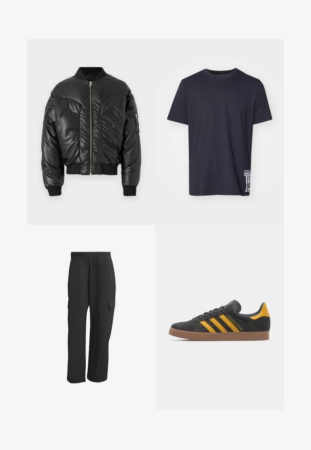 Black padded bomber jacket with a high collar, zip closure, ribbed cuffs, and side pocket, featuring a smooth leather texture and curved seam detailing.; Black cotton t-shirt with a crew neckline, short sleeves, and a white logo patch on the lower side. Smooth texture, regular fit.; Black cargo pants with an elastic waistband, featuring side pockets, loose fit, and a textured fabric. Designed for comfort and utility.; Black suede sneaker with yellow accents, featuring three stripes and a brown rubber sole. Includes a padded tongue for comfort.