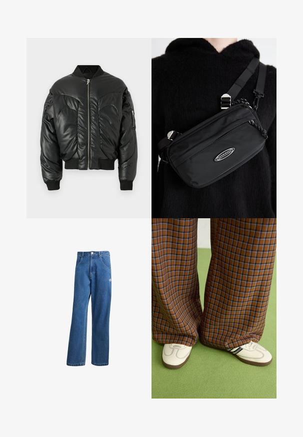Juodas paminkštintas bomberis su aukštu apykakle, užtrauktuku, raukiniais rankovėse ir šonine kišenėle, pasižymintis lygaus odos audinio tekstūra ir išlenktų siūlių detalėmis.; Šviesiai ruda ir ruda dryžuota trumpomis rankovėmis marškinėliai, pasižymintys apvaliu iškirpimu ir krūtinės kišenėle su logotipu. Tekstūruotas audinys.; Mėlynos aukštu liemeniu plačios džinsinės kelnės su priekinėmis kišenėmis, diržo kilpos, sagčių uždarymu ir mažu Adidas logotipu dešinėje šlaunyje.; Rudos ir mėlynos langelinės plačios kelnės, derinamos su baltais batais su juodais akcentais ir tekstūruotais padais, prieš žalią foną.; Juodas nailono per petį nešiojamas krepšys su reguliuojama juosta, turintis lygią tekstūrą, priekinį užtrauktuką ir logotipo akcentą.