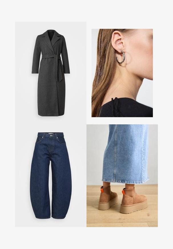 Hosszú sötét szürke gyapjú keverék kabát, gallérral, övvel a deréknál és oldalsó hasítékokkal. Simább textúra minimális részletezéssel a zsebeknél.; Even&Odd Petite 2 PACK - Felső - light grey/black; Sötétkék farmernadrág, széles, lazán szabott fazonban. Cipzáras elülső rész, négy zsebbel és kontrasztos varrással a varratok mentén.; Barna velúr platform csizmák elasztikus oldalsó panelekkel és narancssárga húzófülekkel, amelyek egy térdközépig érő világoskék farmer szoknyával vannak párosítva egy fás padlón.; Ez egy ezüst fülbevaló, sima felülettel, amelyen apró arany díszítőelemek találhatók. Kerek formájú és a fülcimpán viselik.