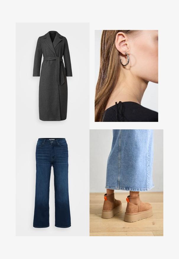 Ilgas tamsiai pilkas vilnos mišinio paltas su apykakle, diržo juosmeniu ir šoninėmis plyšimis. Lygus paviršius su minimaliu detalių kiekiu kišenėse.; Even&Odd Petite 2 PACK - Viršus - light grey/black; ONLY Petite ONLMADISON BLUSH WIDE - Platėjantys džinsai - dark blue denim; Rudos zomšiniai platforminiai batai su elastingomis šoniniais panirais ir oranžinėmis kilpomis, derinami su kelio ilgio šviesių džinsų sijonu ant medinių grindų.; Sidabrinė lankinė auskarai su poliruotu paviršiumi, turintys mažus auksinius akcentus ir apvalią formą, dėvimi ant ausies kaušelio.