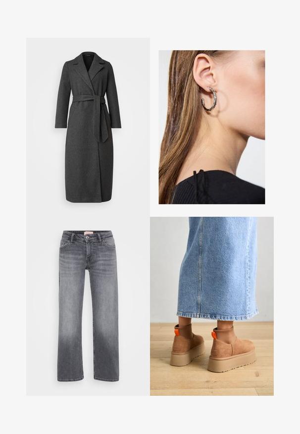 Długi, ciemnoszary płaszcz z mieszanki wełny z kołnierzem, z paskiem w talii i bocznymi rozcięciami. Gładka tekstura z minimalnymi detalami przy kieszeniach.; Even&Odd Petite - Top; Szare dżinsy o prostym kroju nogawki, z pięcioma kieszeniami, delikatnym wyblaknięciem i zapięciem na guzik w talii.; Brązowe zamszowe buty na platformie z elastycznymi bokami i pomarańczowymi uchwytami, w połączeniu z jasnoniebieską spódnicą do kolan na drewnianej podłodze.; Srebrny kolczyk w kształcie koła z polerowanym wykończeniem, z małymi złotymi akcentami, noszony na płatku ucha.