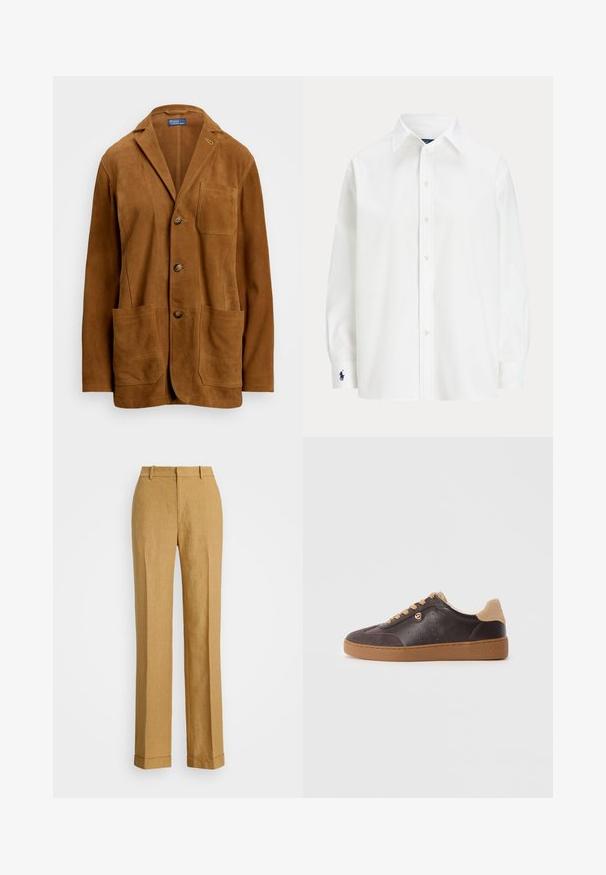 Blazer din suede maro cu rever clasic, trei nasturi și două buzunare mari în față. Prezintă detalii de cusătură și un buzunar pe piept.; Cămașă albă cu nasturi, mâneci lungi, guler clasic și un mic logo albastru pe manșetă. Material din bumbac fin, croială structurată.; Polo Ralph Lauren YARD LINEN FULL FLAT FRONT - Pantaloni - sand dune; Adidași din piele și suede maroniu închis, cu șnururi și talpă bej, accente aurii și cu "Michael Kors" gravat pe talpă.