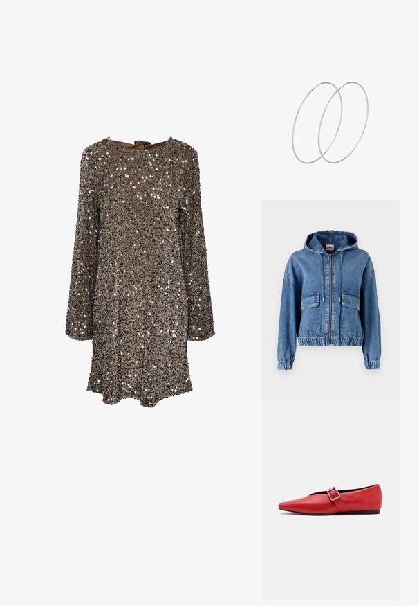 Denim jacket with a hood, two front pockets, zip closure, elastic waistband, and gathered sleeves. Light blue fabric with a faded finish.; Long-sleeve dress featuring a brown fabric covered in silver sequins, with a round neckline and a back bow detail. Reflective and textured surface.; Red leather flat shoe with a pointed toe, featuring a side strap with a metal buckle and a low black heel. Smooth texture throughout.; Silver metallic pouch bag with a soft, rounded shape and a knotted top closure. Made from smooth faux leather material.; Silver hoop earrings with a minimalist design. Circular shape, smooth texture, and thin profile. Lightweight with a polished finish.