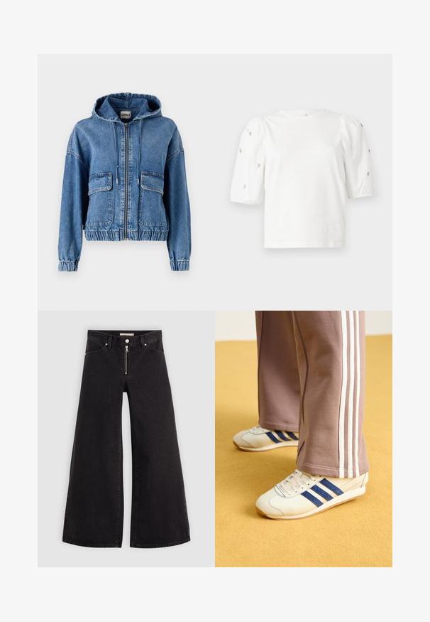 Denimjakke med hette, to frontlommer, glidelås lukking, elastisk midjebånd og innsamlede ermer. Lys blått stoff med falmet finish.; Hvit bomull T-skjorte med korte pufferm, med små sølvdekorasjoner langs ermene. Klassisk rund hals, avslappet passform.; Vide benbukser i sort denim med glidelås i front, fem-lomme design og subtile sømdetaljer. Glatt tekstur og avslappet stil.; Kremfargede sneakers med blå semsket skinnstriper, hvite snørebånd og gummisåle. Kombinert med grå joggebukser med hvite sidestriper.