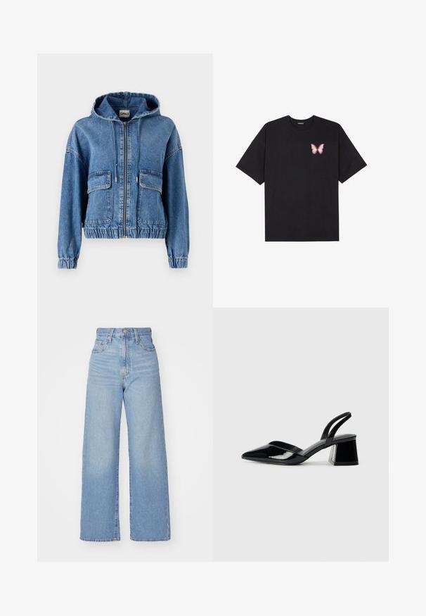 Denim jacket with a hood, two front pockets, zip closure, elastic waistband, and gathered sleeves. Light blue fabric with a faded finish.; Black cotton t-shirt with short sleeves, featuring a small pink butterfly graphic on the left chest. Crew neck design with a relaxed fit.; Light blue high-waist wide-leg jeans with front button and zip closure, front and back pockets, on a white background.; Black patent leather slingback heels with a pointed toe and a geometric block heel. Features a sleek, minimal design and smooth texture.