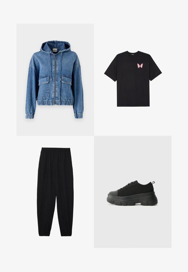 Denim jaka ar kapuci, divām priekšējām kabatām, ar rāvējslēdzēju, elastīgu jostu un savilktām piedurknēm. Gaiši zila auduma ar izbalējušu apdari.; Melna kokvilnas T-krekls ar īsām piedurknēm, kuram priekšā kreisajā pusē ir neliels rozā tauriņa grafiskais attēls. Ar apaļu kaklu un brīvā stila piegriezumu.; Melnas, vieglas bikses ar elastīgu jostu un savilktiem potītiem. Audums ir gluds un to raksturo brīva, sašaurināta forma.; Melnas kedas ar masīvu gumijas zoli, teksturētu auduma augšdaļu, apaļu purngalu un saistīšanas dizainu. Iekļautas pastiprinātas acs atveres un aizmugurējais cilpiņas siksniņa.