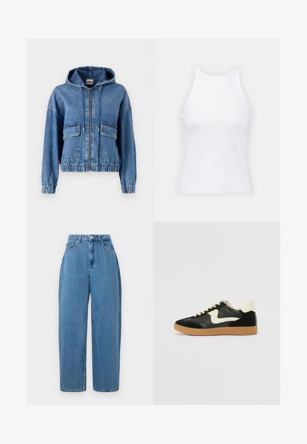 Denim jacket with a hood, two front pockets, zip closure, elastic waistband, and gathered sleeves. Light blue fabric with a faded finish.; White sleeveless tank top made of ribbed fabric, featuring a rounded neckline and a fitted silhouette, with minimal seams and no embellishments.; Light blue denim trousers with a straight-leg fit, high waist, and front button closure. Features five pockets and minimal stitching details.; Black suede and leather sneaker with a cream side swoosh and light cream heel. Features beige laces and a gum rubber outsole.