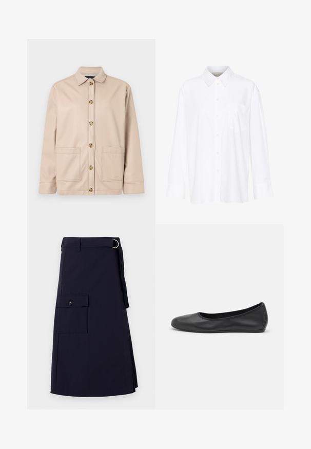 Sima szövetből készült bézs kabát, galléros nyakkal, elülső gombos záródással és két nagy felvarrt zsebbe.; Fehér, hosszú ujjú, galléros ing, amely pamutból készült. Gombos elülső része és egyetlen mellzsebe van. Simított textúra, laza szabás.; Tengerészkék szoknya strukturált dizájnnal, oldalsó cargo zsebbel és fém D-gyűrűs öv akcentussal. Tartós anyagból készült.; Fekete bőr balettcipő lekerekített orral, sima tekstúrával, minimális varrással és rugalmas talp kialakítással.