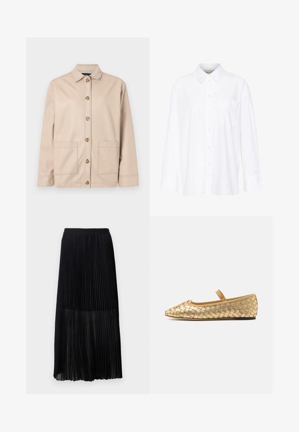 Beige žakete, izgatavota no gluda auduma, ar apkakles izgriezumu, priekšējo pogu aizdari un divām lielām kabatām.; Baltais garo piedurkņu krekls ar apkakli, izgatavots no kokvilnas. Aprīkots ar pogu aizdari priekšā un vienu krūšu kabatu. Gluda tekstūra, brīvs piegriezums.; Melnas plisētās midi svārki ar gludu, elastīgu jostasvietu un caurspīdīgu pārklājumu, ar smalkām vertikālām plisēm visā audumā.; Loeffler Randall LEONIE SOFT BALLET FLAT - Baletkurpes ar siksniņu ap potīti - gold