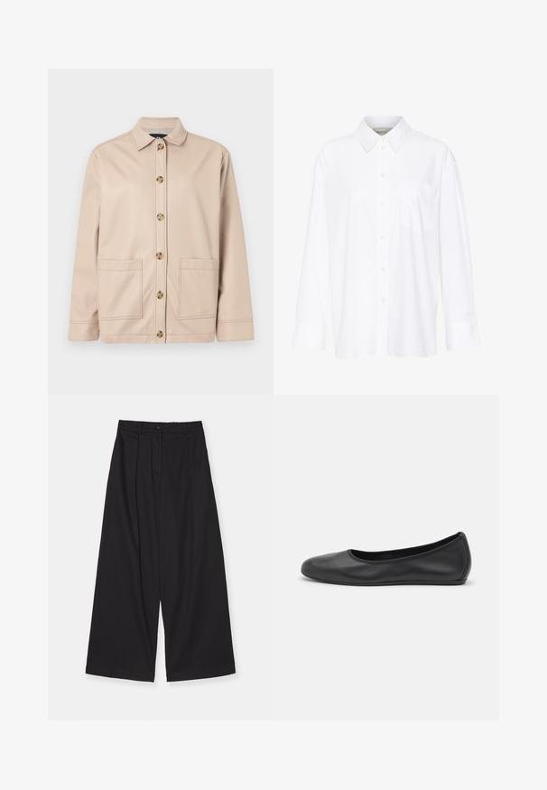 Beige Jacke aus glattem Stoff, mit Kragen, vorderer Knopfleiste und zwei großen aufgesetzten Taschen.; Weißes Langarmhemd mit Kragen aus Baumwolle. Verfügt über eine durchgehende Knopfleiste und eine Brusttasche. Glatte Textur, lockere Passform.; Schwarze weite Hosen aus einem glatten Stoff, mit hoher Taille, vorderen Falten, einem Knopfverschluss und einer geraden Silhouette.; Schwarze Leder-Ballettschuhe mit abgerundeter Spitze, glatter Textur, minimalen Nähdetails und einem flexiblen Sohlen-Design.