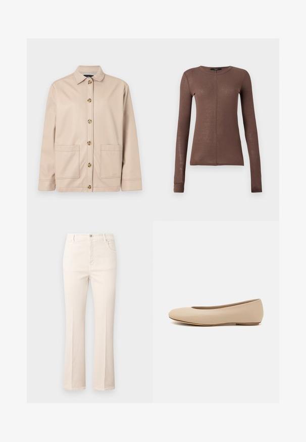 Beige jakke lavet af glat stof, med kravehals, frontlukning med knapper og to store påsatte lommer.; Brun langærmet bluse lavet af let, glat stof. Har en rund halsudskæring og subtil sømdetalje foran.; Beige flare jeans lavet af bomuld, med høj talje, fem lommer, knaplukning og diskrete syninger.; Beige læder balletflade med afrundet tå, minimal sømdetaljering, lav hæl og subtilt logo på bagsiden. Glat, mat tekstur.