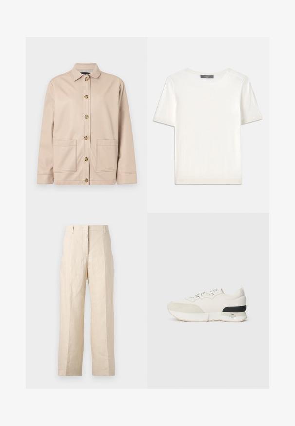 Jachetă bej dintr-un material neted, cu guler, închidere cu butoni pe față și două mari buzunare aplicate.; Top tricotat alb cu mânecă scurtă, cu decolteu rotund, având o textură netedă și accente subtile cu nervuri la mâneci și la margine.; Pantaloni din in bej cu croială lejeră, cu față pliată și picioare drepte. Prezintă un brâu cu bucle pentru curea și fără buzunare vizibile.; Adidași albi cu vârf din suede texturat, parte superioară din plasă netedă, șireturi decorative și un accent din cauciuc negru la toc.