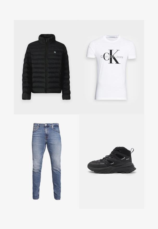 Sort dunjakke med høj krave, lynlås foran og sidelommer. Har quiltet mønster og lille hvidt logo på brystet.; Hvid bomulds t-shirt med et sort "CK" logo og teksten "Calvin Klein Jeans", korte ærmer og en klassisk rund halsudskæring.; Blå slim-fit jeans med fem lommer, bleget vask, knaplukning og bæltestropper, præsenteret mod en hvid baggrund.; Sorte vandresko med et lagdelt design, tekstureret stof og gummisål, med forstærkede områder og snørebånd foran.