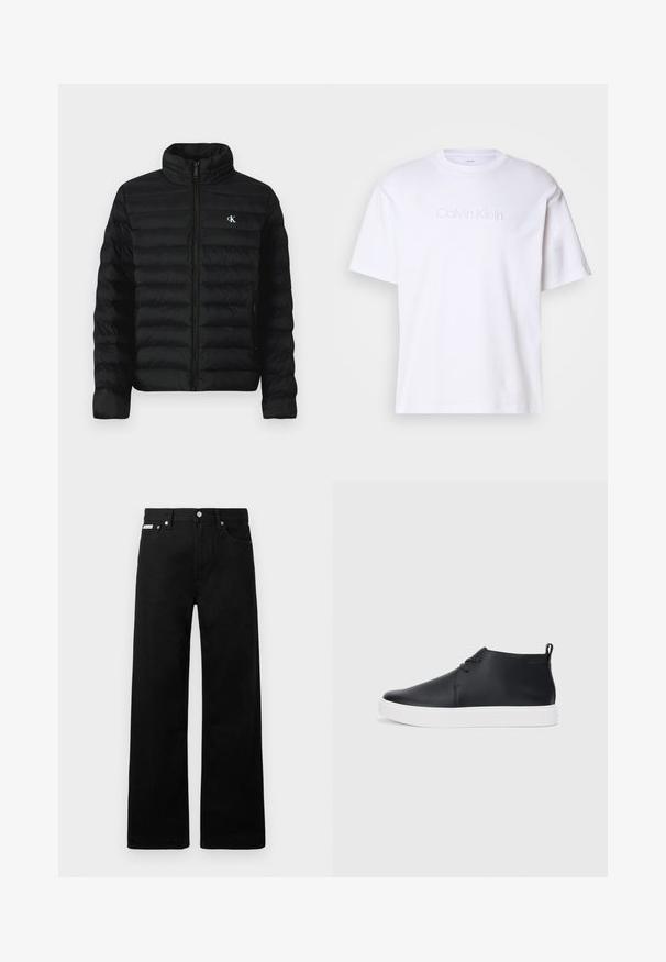 Juoda pūkinė striukė su aukštu apykakle, užtrauktuku priekyje ir šoniniais kišenėmis. Yra dygsniuotas raštas ir mažas baltas logotipas ant krūtinės.; Balta medvilninė marškinėliai su trumpomis rankovėmis, kuriose centre yra iškilęs Calvin Klein logotipas. Klasikinio apvalaus kaklo dizainas. Lygus paviršius.; Juodos džinsinės kelnės su plačiu kojų dizainu, turinčios penkias kišenes ir metalinius sagčių akcentus. Lygus paviršius, be matomų raštų.; Juodi odiniai aukšti sportbačiai su lygia apdaila, balta guma padu ir paprastu raištelių dizainu. Gale yra įtempimo juostelė.