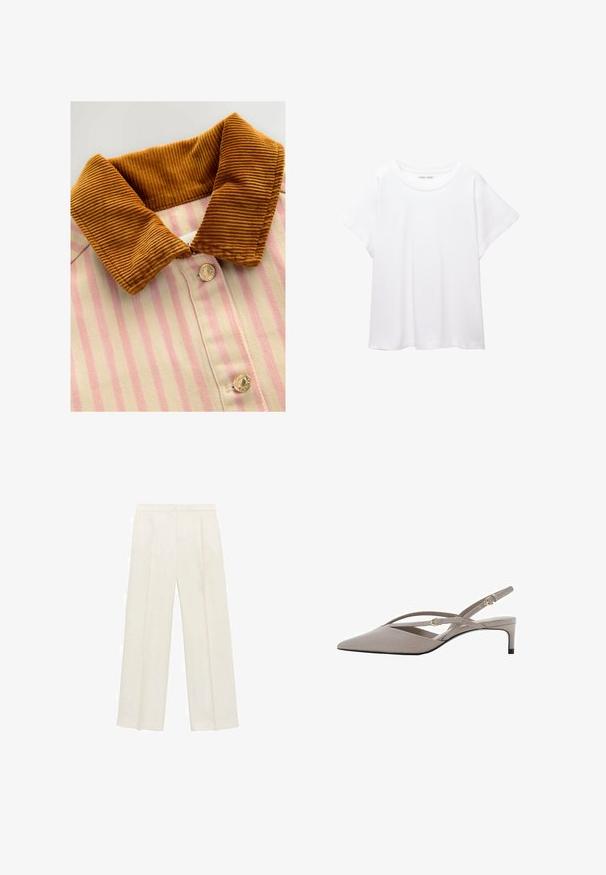 Kauluspaita, jossa on ruskea corduroy-kaulus, vaaleanpunaisia ja kermaisia pystysuoria raidoituksia sekä metallinapit. Tekstuurit erottuvat kauluksen ja vartalon välillä.; Valkoinen T-paita, joka on valmistettu pehmeästä ja kevyestä kankaasta. Omistaa pyöreän kaula-aukon ja lyhyet, leveät hihat rentoa istuvuutta varten. Ei näkyviä kuvioita.; Valkoiset leveälahkeiset housut vaaleassa kermassa. Valmistettu sileästä kankaasta, jossa on laskokset edessä ja sivutaskut.; Beige slingback-kengät, joissa on terävä kärki, ohuet ristikkäin menevät remmit ja lyhyt stiletto-korko. Sileä kangas, jossa on kultasävyisiä yksityiskohtia.