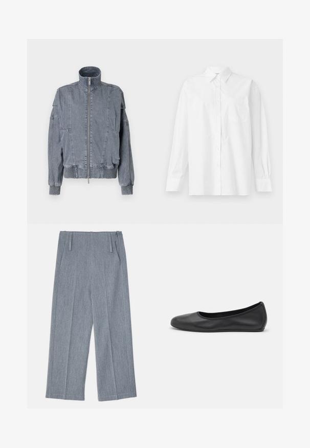 Vaaleansininen farkkutakki, jossa on korkea kaulus, etuvetoketju, joustava vyötärö ja tekstuuriset hihansuut. sisältää paneelisuunnittelun ja sivutaskut.; Valkoinen pitkähihaisessa paidassa on puuvillaa, klassinen kaulus, napitus ja vasemmalla puolella yksi rintatasku.; Vaaleanharmaat, leveälahkeiset housut, jotka on valmistettu tekstuurilla varustetusta kankaasta. Housuissa on kaksi etupurjeet ja kaksi sivutaskua. Siisti, räätälöity muotoilu.; Musta nahkainen ballerina, jossa on pyöristetty kärki, sileä pinta, minimaalinen ommelkoristelu ja joustava pohjamuotoilu.