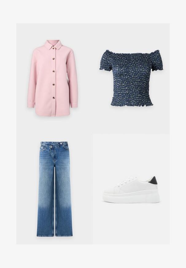 Šviesiai rožinė marškinėlių striukė, pagaminta iš minkštos medžiagos, su apykakle, ilgomis rankovėmis ir šešiais rudais mygtukais priekyje.; Tamsiai mėlynas, ant pečių nenugara užsidedantis viršus, pagamintas iš raukšlėtos medžiagos, puoštas gėlių raštu su mažomis baltomis ir žalios spalvos gėlėmis. Minkšta tekstūra, trumpomis rankovėmis.; Šviesiai mėlynos plačios kojų džinsai su išblukusia danga, turintys klasikinį penkių kišenių dizainą ir metalinius mygtukus juosmens srityje.; Balti platforminiai sportbačiai, pagaminti iš lygios sintetinio audinio, su apvaliu pirštu, raištelių užsegimu ir tekstūruota guma padanga. Juodas kulno akcentas.