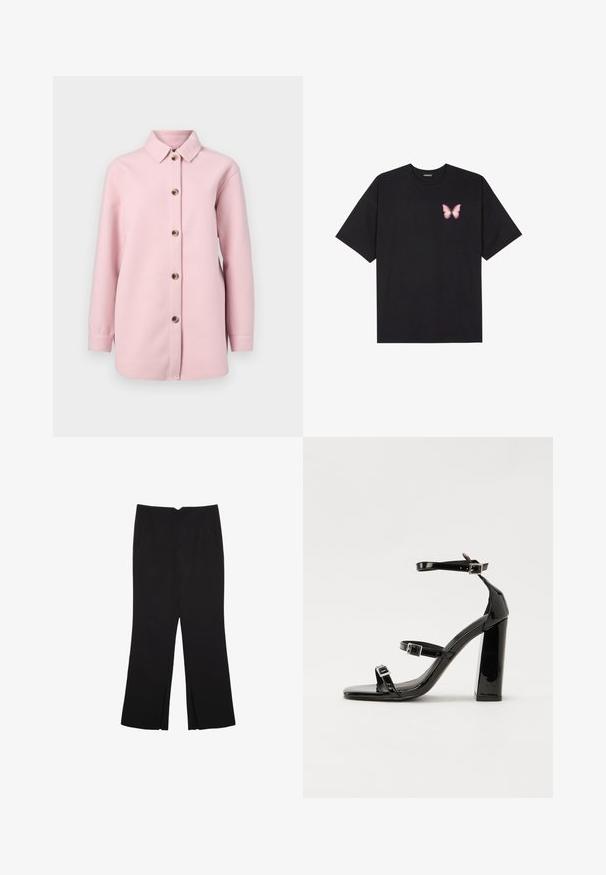 Svijetlo ružičasta košulja-jakna od mekane tkanine, s ovratnikom, dugim rukavima i šest smeškastih dugmadi sprijeda.; Crna pamučna majica s kratkim rukavima, s malim grafičkim prikazom ružičaste vjetricaste s desne strane na prsima. Dizajn s okruglim izrezom i opuštenim krojem.; Crne hlače ravnog kroja, s prednjim džepovima i bočnim prorezima na rubu. Izrađene od mekog i glatkog materijala. Pogodne za razne prigode.; Crne lakirane sandale na pete sa kvadratnim nosom, trakama oko gležnja i srebrnim kopčama. Imaju čvrst blok petu za stabilnost.