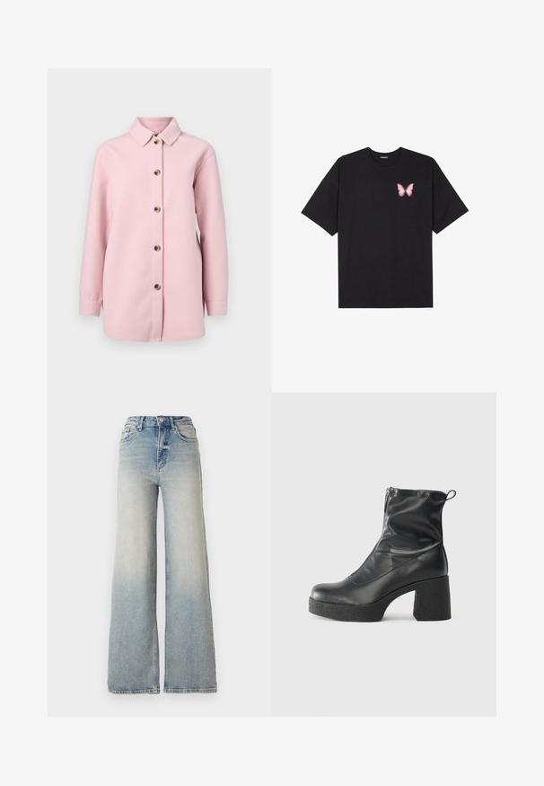 Heledad roosa särk-jakk, mis on valmistatud pehmest kangast, millel on krae, pikad varrukad ja kuus pruuni nuppu ees.; Must muströöpidega must puuvillane T-särk, vasakul rinnal on väike roosa liblikas. Ümar kaelus ja vabalt istuv lõige.; Heledad sinine laia säärega teksapüksid, mis on valmistatud denimist, kõrge vöökoht, viis taskut ja nähtav õmblemine õmbluste ääres.; Mustad mustad ansapüksid, mis on valmistatud siledast nahast, külje zipperiga, paksu tekstuuriga kontsaga ja ümmarguse nina disainiga.