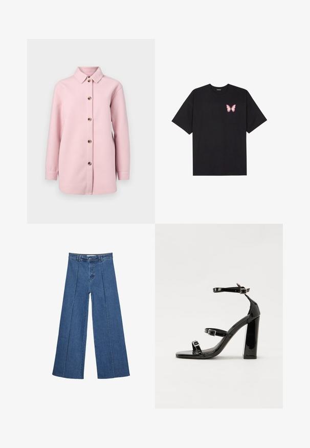 Svijetlo ružičasta košulja-jakna od mekane tkanine, s ovratnikom, dugim rukavima i šest smeškastih dugmadi sprijeda.; Crna pamučna majica s kratkim rukavima, s malim grafičkim prikazom ružičaste vjetricaste s desne strane na prsima. Dizajn s okruglim izrezom i opuštenim krojem.; Široke traperice u srednje plavoj boji, s visokim strukom, zatvaranjem na dugme i kontrastnim vertikalnim šavovima duž prednje strane.; Crne lakirane sandale na pete sa kvadratnim nosom, trakama oko gležnja i srebrnim kopčama. Imaju čvrst blok petu za stabilnost.