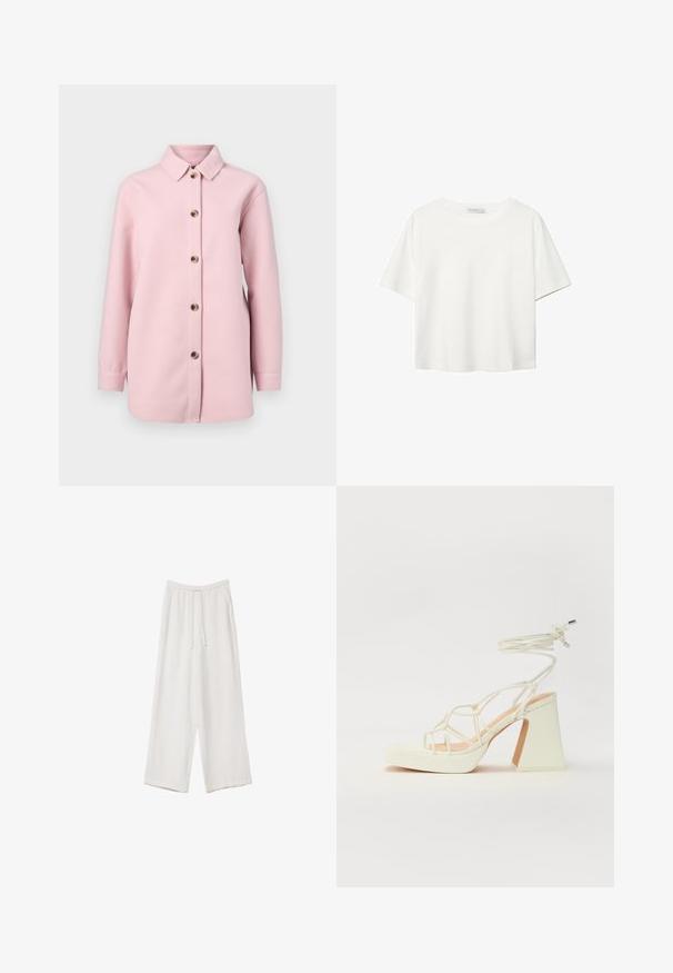 Svetlo roza srajčna jakna iz mehkega materiala, z ovratnikom, dolgimi rokavi in šestimi rjavimi gumbi spredaj.; Bela kratka majica s kratkimi rokavi iz bombaža. Ima okroglo izrezovanje in sproščen kroj. Gladka tekstura brez vidnih vzorcev ali poudarkov.; Bele široke hlače iz lahkega materiala. Imajo elastičen pas s vrvico in stranske žepe. Gladka tekstura.; Bela sandala na visokih petah s debelim petam, ki ima obliko trakcev in vezanje okoli gležnja. Gladka tekstura z platformo spredaj za dodatno višino.