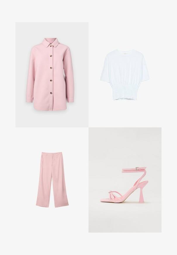 Lyserød skjortejakke lavet af blødt stof, med krave, lange ærmer og seks brune knapper ned langs fronten.; Hvid kortærmet T-shirt med afslappet pasform og smocked tekstur ved taljen. Lavet af blødt, letvægtsstof.; Lyserøde brede bukser lavet af glat stof. Har en struktureret talje og lige, flydende ben, uden synlige mønstre eller metaldele.; Lyserøde hælede sandaler med en spændende rem-design og ankelspænde. Har et dekorativt element ved tæerne og et moderne, aflangt hældesign.