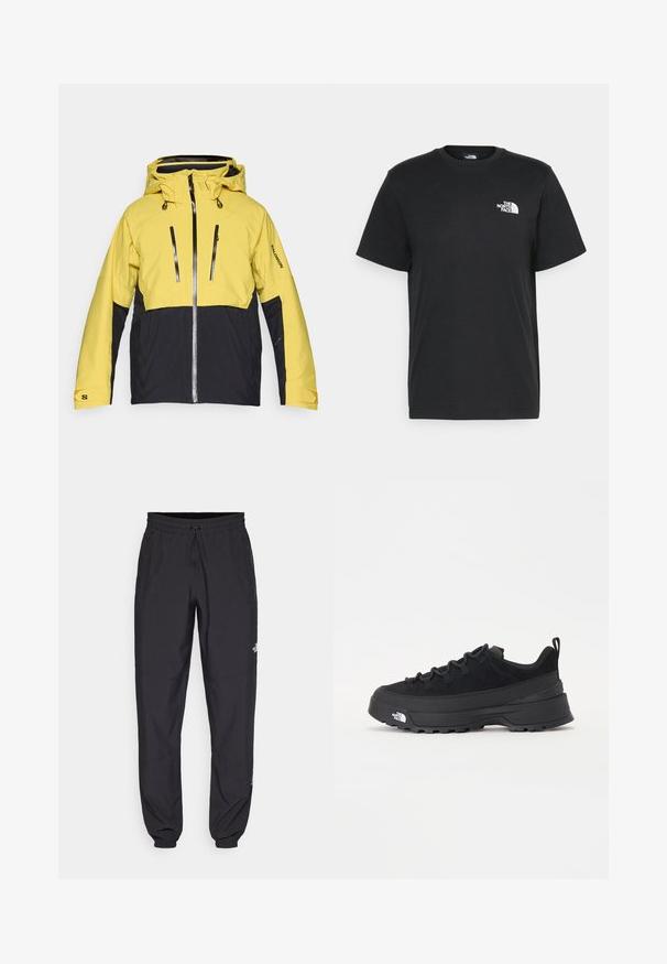 Wasserdichte Jacke mit einem leuchtend gelben Oberteil und einem schwarzen Unterteil, mit einem Frontreißverschluss, verstellbare Kapuze und Reißverschluss-Taschen.; Schwarzes Baumwoll-T-Shirt mit kurzen Ärmeln, Rundhalsausschnitt und einem kleinen weißen Logo auf der linken Brust. Schlichtes Design, glatte Textur und lockere Passform.; Schwarze Sporthosen aus leichtem Stoff, mit einem Kordelzugbund, seitlichen Taschen und schmal zulaufenden Bündchen an den Knöcheln.; Schwarzer Outdoorsneaker mit einem Obermaterial aus Wildleder, strukturierter Gummisohle und robustem Schnürsystem. Verfügt über eine verstärkte Ferse und das Markenlogo an der Seite.