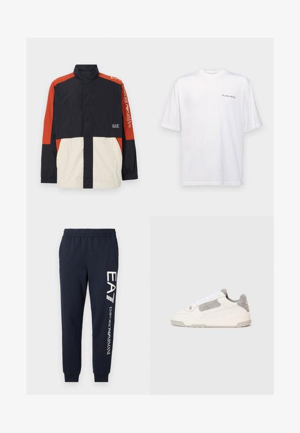 Vindjakke med svart, rød og kremfarget blokkdesign. Har høy krage, elastiske mansjetter og logoer på ermene.; Hvit kortermet t-skjorte i bomull med v-hals, med en svart "FILLING PIECES" logo trykt på venstre side.; Mørkeblå bomullsjoggere med elastisk midje, smalnende bein og kontrasterende hvite EA7- og Emporio Armani-logoer trykt langs siden.; Hvit og lys grå lavt snøre sko med hvite snørebånd og semsket skinn detaljer, vist fra siden på en enkel lys bakgrunn.
