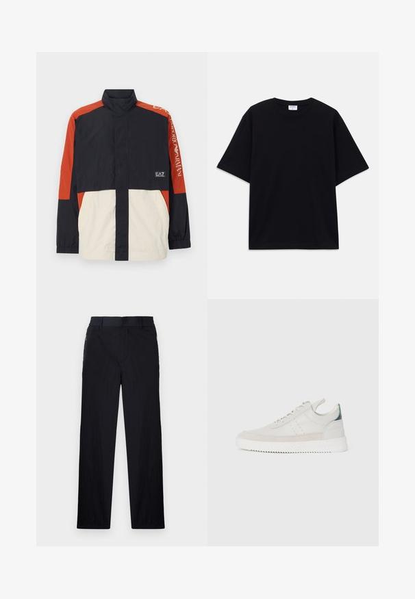 Vėjo nepralaidžiantis džemperis su juodu, raudonu ir kreminiu spalvų blokų dizainu. Turi aukštą apykaklę, elastingas rankoves ir logotipo akcentus ant rankovių.; Juodas trumpas rankovėmis per didelis marškinėliai su apvaliu iškirpimu ir matoma Filippa K prekės ženklo etiketė vidinėje apykaklės pusėje.; Juodos kelnės, pagamintos iš lengvos tekstūruotos medžiagos, tiesaus silueto, su elastingu juosmeniu ir šoniniais užtrauktukų kišenėmis.; Balti odiniai sportbačiai su pilkais zomšos akcentais, su raišteliais, su traukimo juostele ir tekstūruota guma, kurioje matomas zigzago raštas.