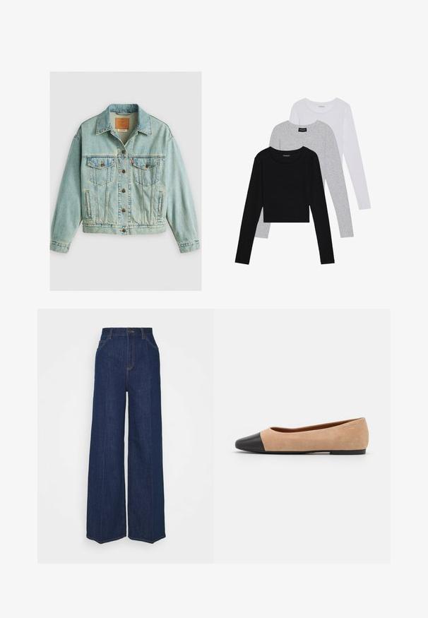 Casaco de ganga azul claro com um design clássico. Apresenta dois bolsos no peito, fecho frontal com botões e uma textura ligeiramente desgastada.; Três camisetas de manga longa empilhadas: preta, cinza e branca. Cada uma tem um decote redondo e um design cropped, feitas de um tecido leve e suave.; Jeans de denim escuros de cintura alta e perna larga, com bolsos frontais e traseiros, fecho com botão e detalhes de costura visíveis.; Bailarina em suede bege com biqueira arredondada em couro preto, salto baixo e textura suave, apresentando costura mínima e um design clean.