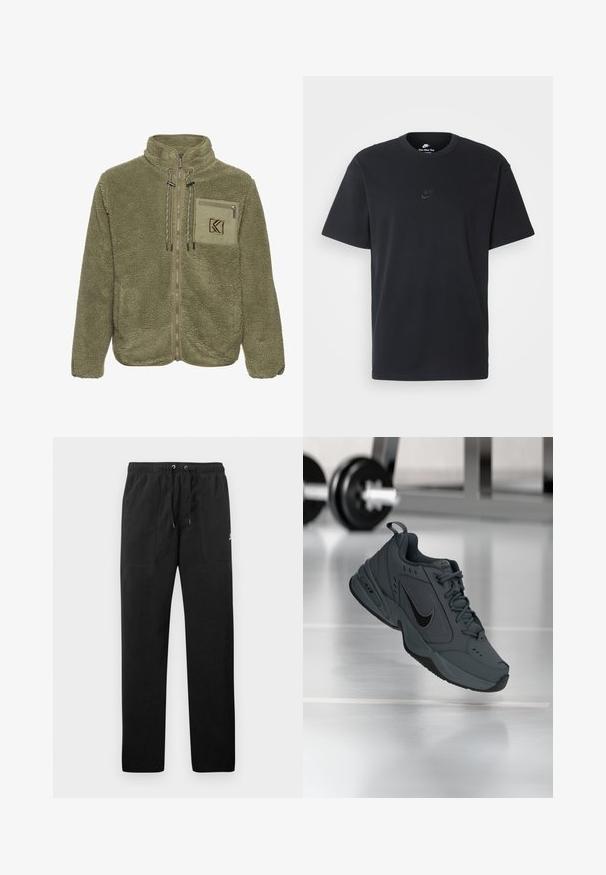 Olivgrön fleecejacka med hög krage, dragkedja fram, bröstficka och dragsko-detaljer. Mjuk textur med en åtsittande passform.; Svart t-shirt i bomull från Nike med klassisk rund halsringning, korta ärmar och en diskret, präglad logotyp på bröstet. Slät textur.; Svarta sweatpants i fleece, med resårmidja och dragsko, två framfickor och en liten logotyp på låret.; Mörkgrå Nike Air Monarch-sneakers sväva inomhus med suddiga gymvikter i bakgrunden på ett glänsande golv.