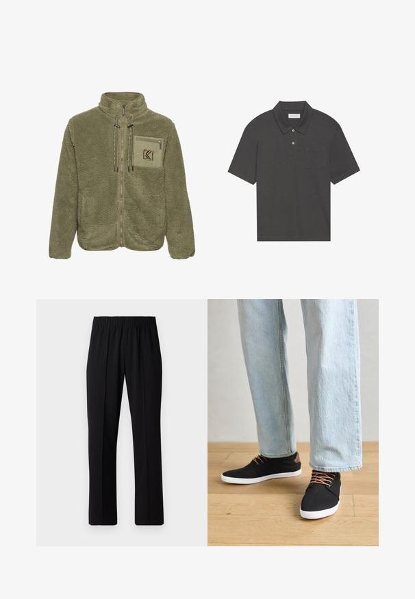 Olivengrønn fleecejakke med høy krage, glidelås foran, brystlomme og snordetaljer. Myk tekstur med tettsittende passform.; Mørk grå polo skjorte med tradisjonell krage, tre knapper foran, korte ermer og lomme på venstre bryst. Glatt tekstur på stoffet.; Svart, elastisk midjebukser med rett ben-design, med en glatt tekstur og uten synlige mønstre eller maskinvare.; svarte lerrets sneakers med brune aksenter, hvite gummisåler og brune snørebånd, sammen med lyseblå rette jeans. Bakgrunn med tregulv.
