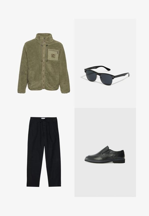 Giacca in pile verde oliva con colletto alto, zip frontale, tasca sul petto e dettagli con cordino. Tessuto morbido con una vestibilità aderente.; T-shirt nera a maniche corte con tessuto testurizzato, con accenti bianchi sui polsini. Collo arrotondato, vestibilità comoda.; Pier One Chino - black; Scarpa nera in pelle con inserto scivolare, superiore liscio, dettagli cuciti, punta arrotondata e tacco in gomma basso. La suola presenta un battistrada minimale.; Occhiali da sole neri con forma rettangolare, lenti scure, dettagli in argento alle tempie e finitura opaca sulla montatura.