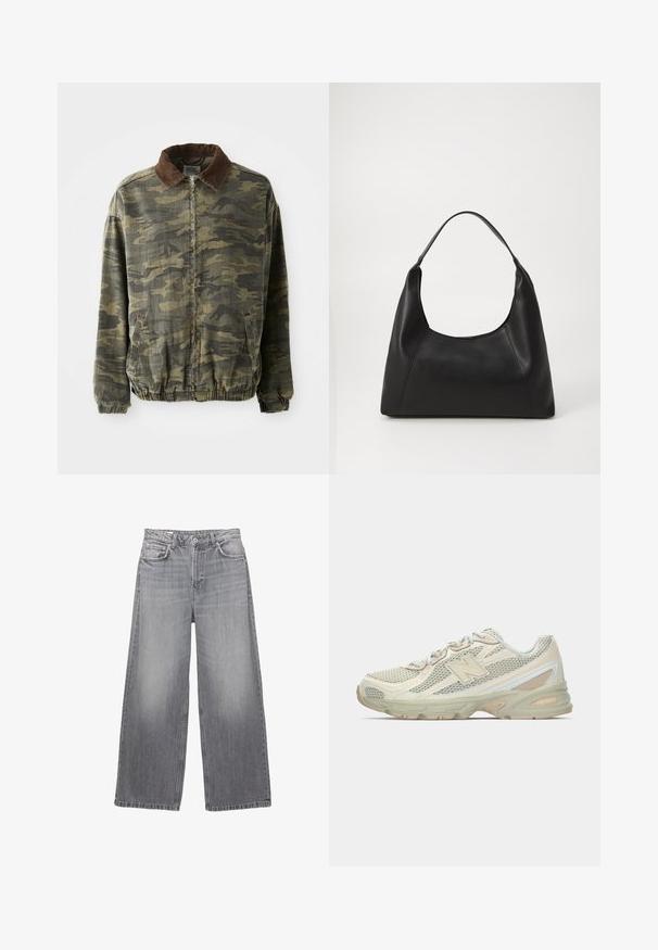 Kurtka w kamuflażowy wzór w kolorze khaki i ciemnozielonym, wykonana z mocnego materiału. Wyposażona w brązowy kołnierz z sztruksu oraz elastyczne mankiety i dół.; Szary dzianinowy sweter typu crewneck z długimi rękawami oraz ribbowymi mankietami i dołem, ułożony na płasko na białym tle.; Szare dżinsy o szerokich nogawkach z wysokim stanem, pięcioma kieszeniami, wyblakłym wykończeniem i kontrastowym przeszyciem. Posiadają zapięcie na guziki i szlufki na pasek.; Lekki obuwie sportowe z siateczkowym wierzchem w odcieniach beżu i kremu, z wyraźnym logo "N", amortyzującą podeszwą oraz teksturowanymi akcentami.; Czarna skórzana torebka na ramię z uchwytem, o gładkiej fakturze i minimalistycznym designie. Posiada kanciaste boki oraz szerokie wejście.