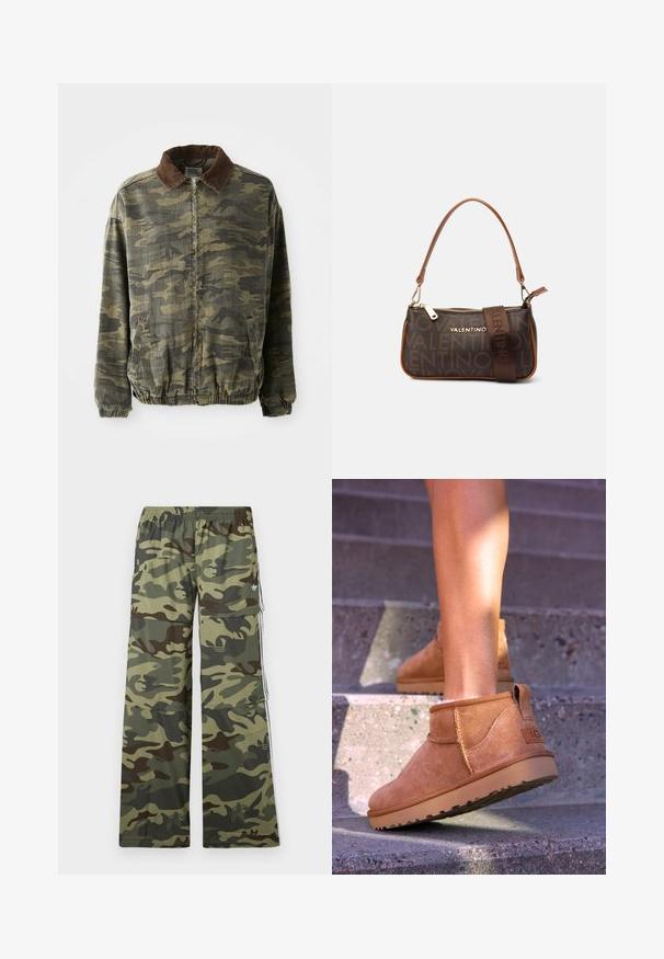 Jakna s kamuflažnim uzorkom u kaki i tamnozelenoj boji, izrađena od čvrstog materijala. Ima smešasti krzneni ovratnik i elastične manžete i rub.; Bela pamučna majica bez rukava s širokim naramenicama, okruglim izrezom i glatkom, rebrastom teksturom. Nema uzoraka ili ukrasa.; Cargo hlače s kamuflažnim uzorkom u nijansama zelene i smeđe boje, s širokim nogavicama, elastičnom strukom i bočnim džepovima s prugama.; Smešane čizme od tan velura s mekim tekstilom, sa šavnim detaljima i gumenim đonom, te petom s petljom za lako obuvanje.; Smeđa kožna torba s patentnim zatvaračem, remenom za rame i urezanim logom. Glatka površina s dodatkom u zlatnoj boji.