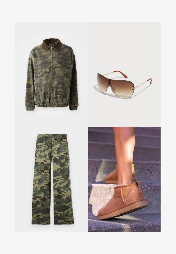 Kamuflasjemønstret jakke i khaki og mørkegrønn, laget av slitesterkt stoff. Har en brun kordfløyelskrage og elastiske mansjetter og hem.; Hvit bomulls tanktop med brede skulderstropper, rund halslinje og en glatt, ribbet tekstur. Ingen mønstre eller aksenter present.; Camouflage-mønstrede cargo-bukser i nuancer af grøn og brun med bred ben-design, elastisk talje og sidelommer med striber.; Brune sued støvletter til ankelen med en myk tekstur, sydet detaljer og gummisåle, med en løkket hæl for enkel påkledning.; Solbriller med brune gradientlinser, metallramme og dekorativt stjernemønster med strass på nederste høyre linse.; Brun skinnveske med glidelåslukking, skulderstropp og preget logo-mønster. Glatt overflate med detaljer i gullfarget metall.