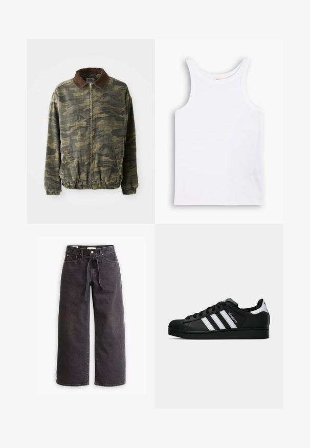 Kamikmönstrad jacka i khaki och mörkgrön, tillverkad av robust tyg. Har en krage i brunt kordfloss och elastiska ärmslut och nederkant.; Vit bomullstopp med breda axelband, en rund halsringning och en slät, ribbad textur. Inga mönster eller detaljer finns.; Svarta vida jeans gjorda av denim, med dragsko i midjan, fem fickor och kontrasterande sömnadsdetaljer. Platt framsidan design.; Svart Adidas Superstar sneaker med vita ränder, sula i skalform och "Superstar" text på sidan, visad i sidoprofil mot vit bakgrund.