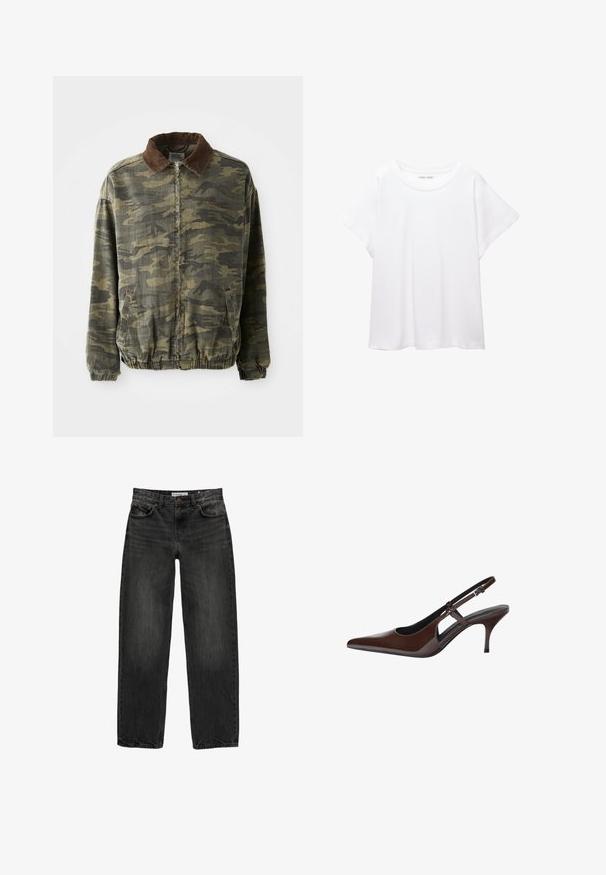 Jachetă cu model camuflaj în khaki și verde închis, confecționată dintr-un material rezistent. Dispune de o guler din corduroy maro și manșete și tiv elastic.; Tricou alb dintr-un material moale și ușor. Prezintă un decolteu rotund și mâneci scurte, largi, cu un croi lejer. Fără modele vizibile.; Blugi negri din denim cu o croială lejeră, picior drept, design cu cinci buzunare și o textură ușor decolorată. Închidere cu nasture și fermoar în față.; Pantofi slingback din piele patenta maro, cu vârful ascuțit, decupaje deschise și toc subțire. Dispun de o curea ajustabilă cu cataramă.